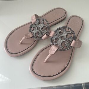 Tori Burch Blush Leather Flip Flop with Pave Emblem Size 8